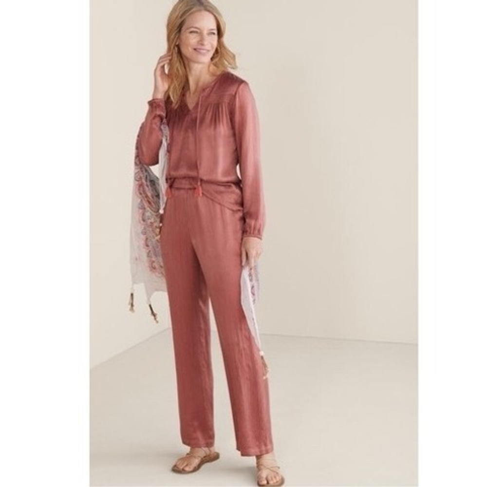 Soft Surroundings Lumi Crinkle Textured Gauze Straight Leg‎ Pants Medium Petite